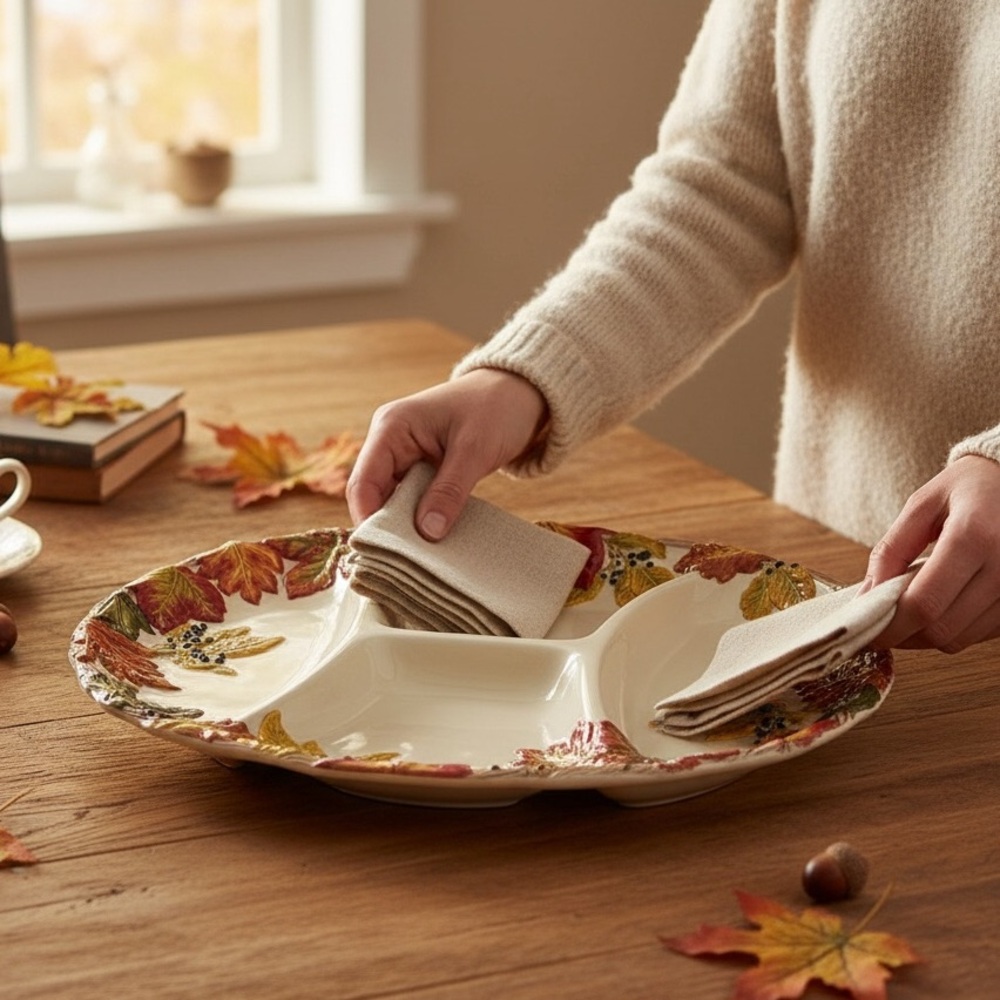 Platter/Serving Tray Fall/Thanksgiving/Holiday Leaves & Berries 4-Section EUC